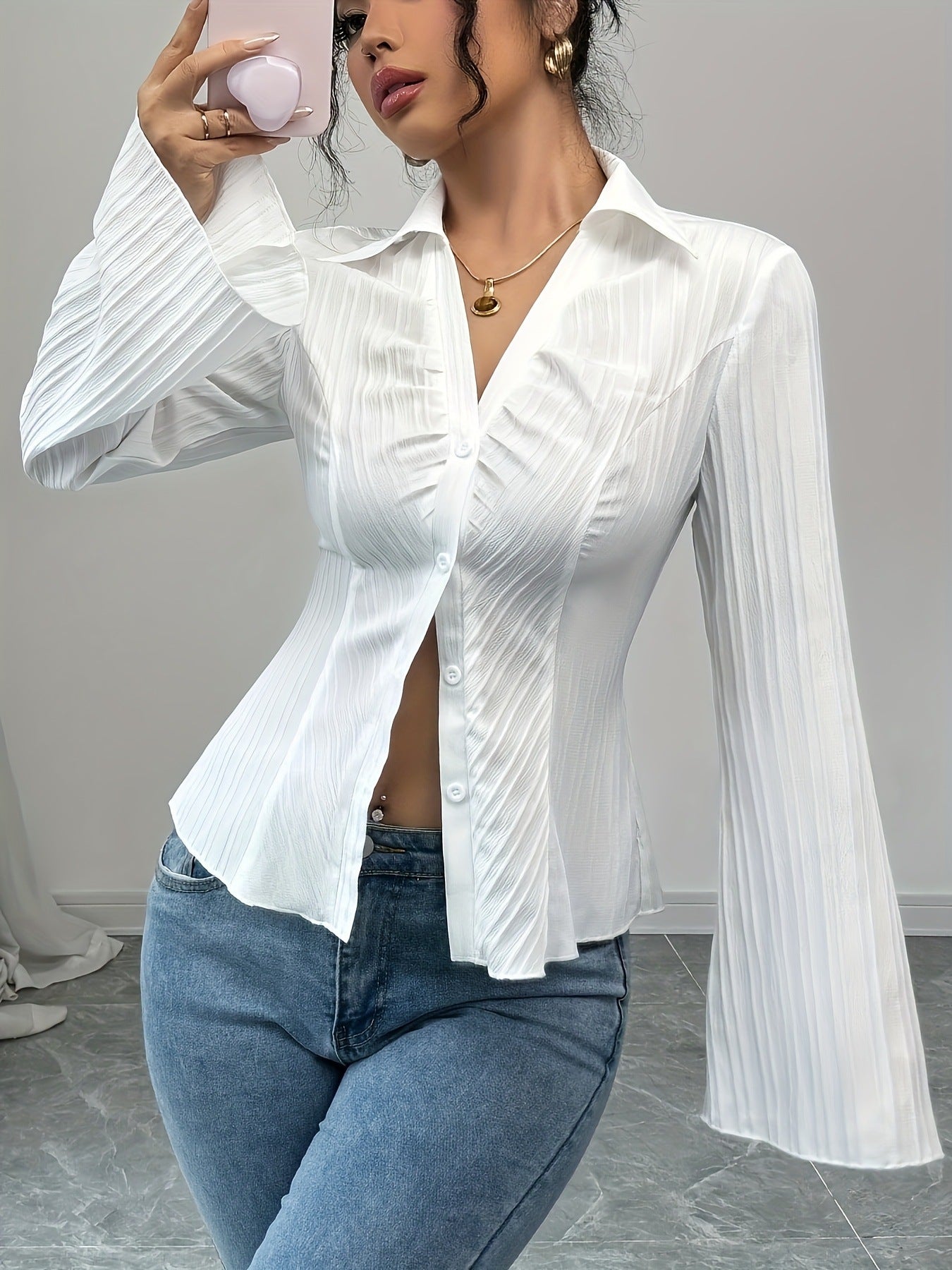 Elegant V-neck Single-breasted Solid-color Striped Blouse For Women