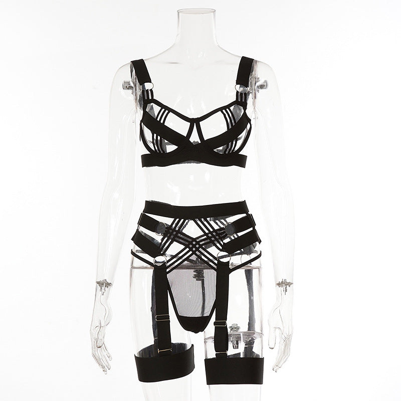 Black Hollowed-out Lingerie Set With Straps For Women