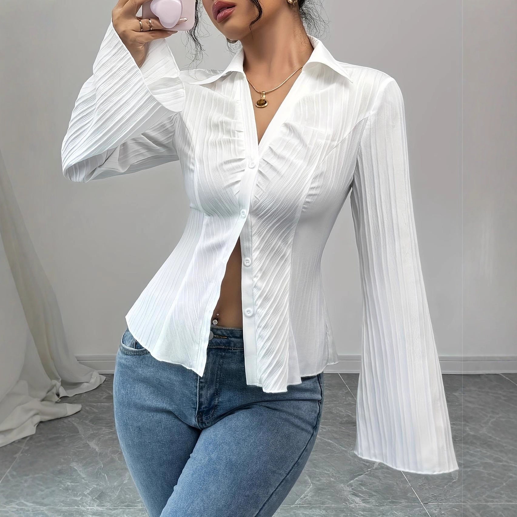 Elegant V-neck Single-breasted Solid-color Striped Blouse For Women